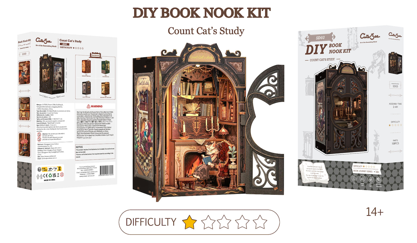 BOOK NOOK KIT - DIY - Le cabinet du Comte Cat - 108pc + Eclairage LED