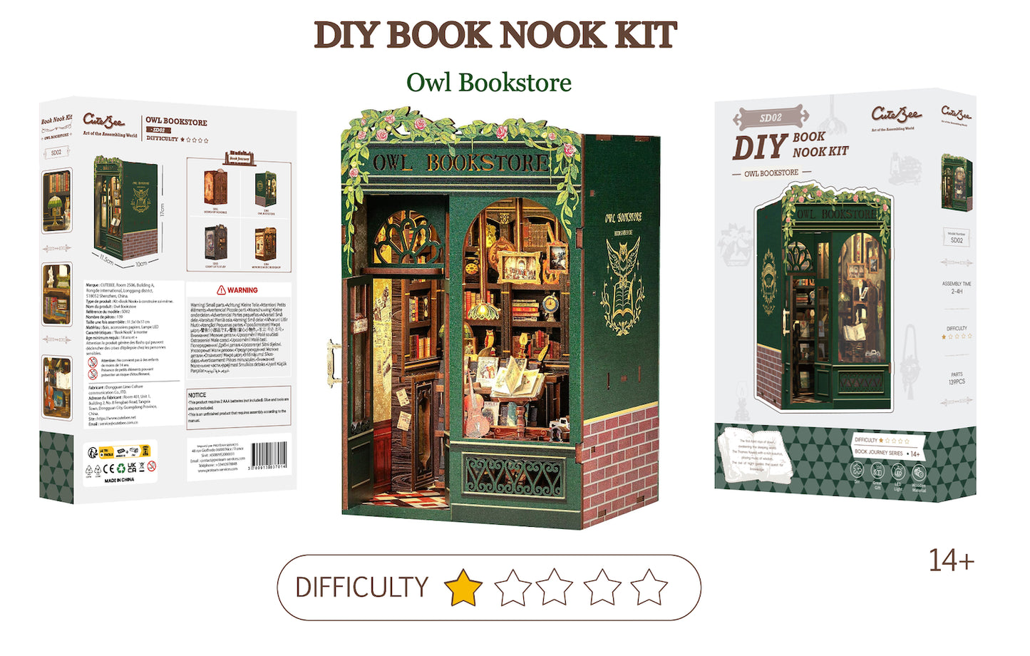 BOOK NOOK KIT - DIY - Librairie du Hibou - 139pc + Eclairage LED