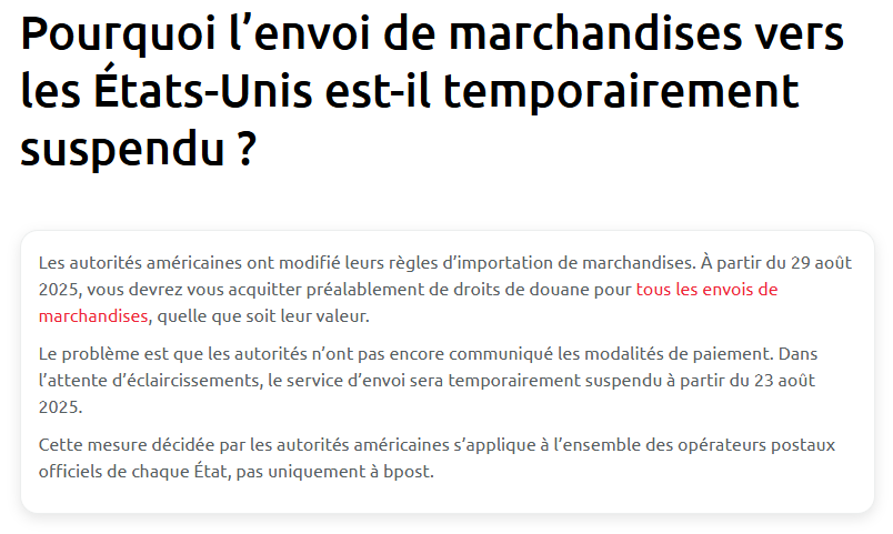 📦 Suspension temporaire des envois vers les États-Unis